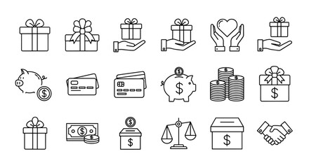 A collection of outline icons representing financial concepts and charitable giving, including gifts, presents, hands holding hearts, piggy banks, credit cards, stacks of coins, donation boxes