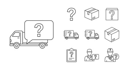 Collection of thin line icons representing delivery and logistics with question marks, including a truck with a question mark speech bubble, moving trucks, boxes, a clipboard, and delivery personnel