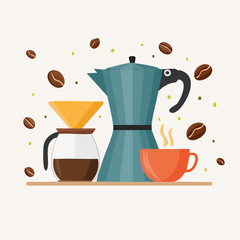 Obraz premium Illustrated coffee brewing setup featuring a pour-over dripper, moka pot, and a steaming mug, surrounded by coffee beans