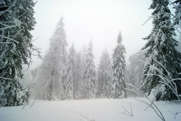 Snow-clad fir trees rise majestically in a tranquil forest, shrouded in soft, swirling white mist during a peaceful winter morning