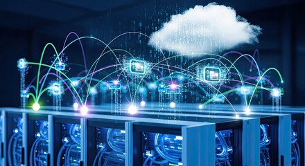 Modern data center servers connecting to cloud network with vibrant digital streams offering secure and scalable hosting solutions for global businesses