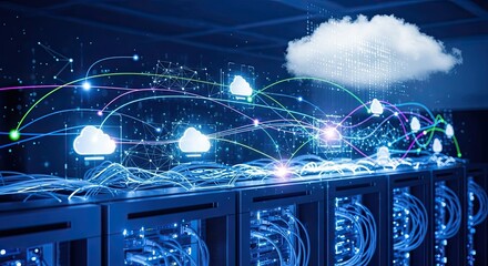 Dynamic cloud computing network visualization with servers, perfect for illustrating modern technology, data solutions, and futuristic digital infrastructure concepts