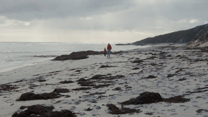 Two people walking on a beach with seaweed and rocky cliffs under a cloudy sky