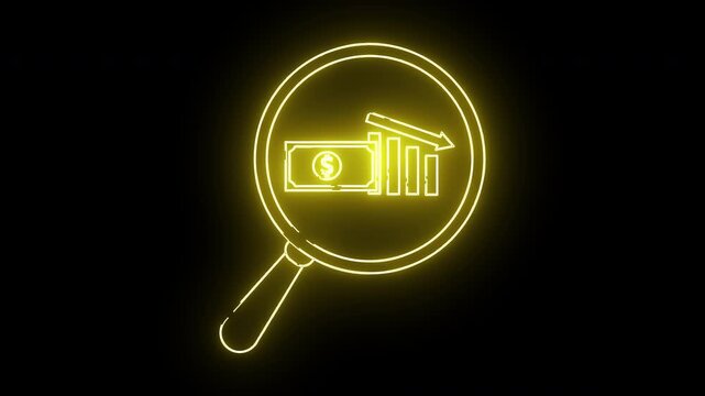 Neon yellow magnifying glass on black showing a dollar bill and descending bar graph