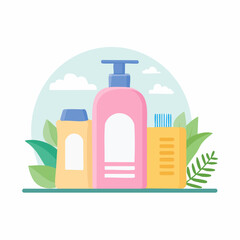 Cosmetic Collection Skincare and Beauty Products Displayed with Botanical Elements in Vector Illustration