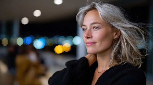 An elegant portrait of a woman with short hair illuminated by a soft night backdrop filled with blurred lights, showcasing her peaceful, contemplative expression in a charming atmosphere.