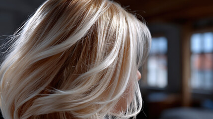 Naklejka premium A detailed profile view captures the flowing strands of this woman's hair, emphasizing grace and femininity against a softly lit, inviting background.