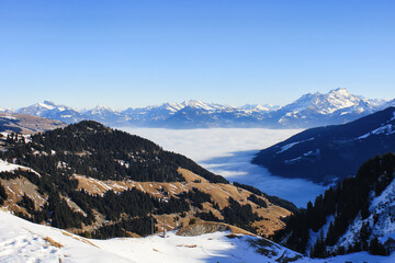 Obraz premium Breathtaking view of alpine valley filled with clouds and surrounded by snowy mountain peaks near Morzine Avoriaz ski resort in the French Alps on a sunny winter day.