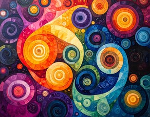 Colorful abstract swirls and circles on a vibrant, watercolor background