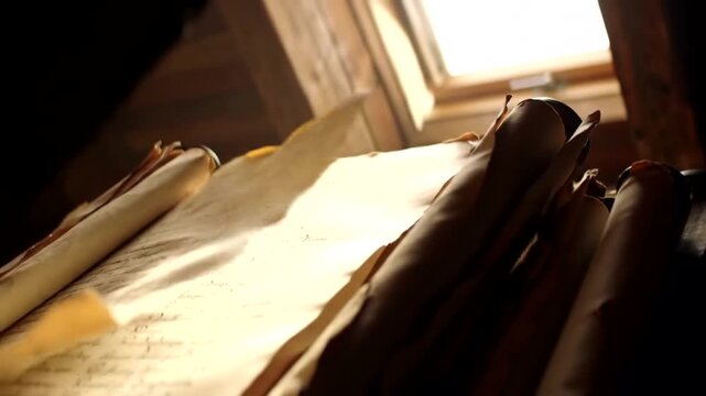 Ancient parchment scrolls unrolled and illuminated by light from a skylight in a dusty attic, revealing old texts and historical documents.