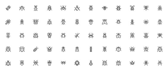 Insects icon set. Vector illustration. Includes symbls for cockroach, beetle, pider, bug, moth, cicada, nt, earthworm and more. Edtable stroke.
