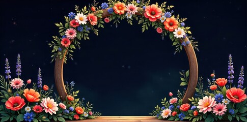 Bohemian wedding arch adorned with abundant wildflowers, flowing fabrics, and natural wood elements. A rustic wooden wedding arch draped with flowing, sheer ivory fabric. Adorned with an abundant,