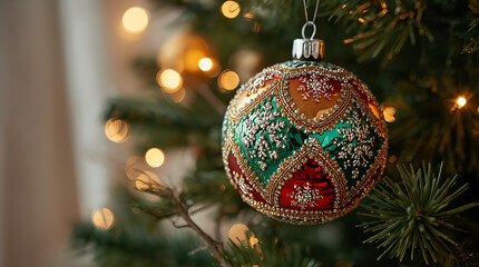 An elegant close-up of a sparkling Christmas ornament hanging on a decorated tree.