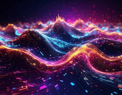 Colorful, abstract waves of light in a dark, dreamy digital space