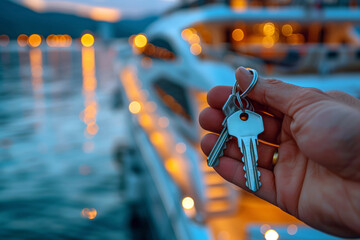 Hand Holding Yacht Keys Against Blurry Illuminated Luxury Vessel
