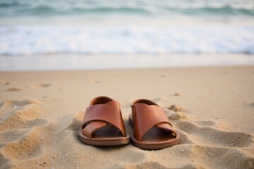 Sun kissed beach sandals resting on warm, golden sand, with gentle waves in the background. A pair of stylish, worn leather sandals resting on a bed of soft, golden sand. Gentle, translucent ocean