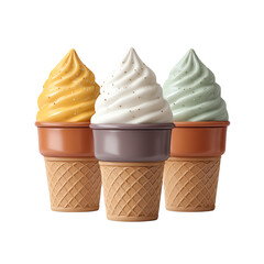 Three colorful ice cream cones with smooth, swirled toppings in a warm setting.
