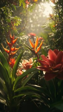 Sun dappled tropical foliage with vibrant heliconia and strelitzia flowers. Botanical garden with exotic plants. Nature footage.