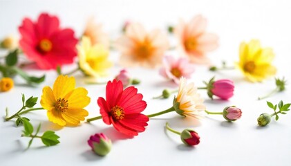 Botanical Gastronomy Edible Flowers and Herbs A vibrant, overhead shot of scattered edible borage flowers and fresh mint leaves on a white background. Bright, natural light, sharp focus on delicate