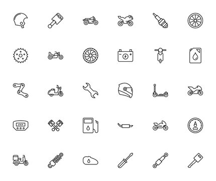 Scooter icon set. Vector illustration. Includes Racig Helmet, Piston, Motorbik, Spark, Tire, Sprocket, Bllet, Battery, Oil, Wrench Meter, Muffler, Shock, Perol, Screw driver, Key andmore.