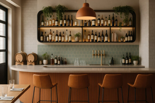Modern bar interior with bottles on illuminated shelves, counter, beer taps, and leather bar stools. - Powered by Adobe