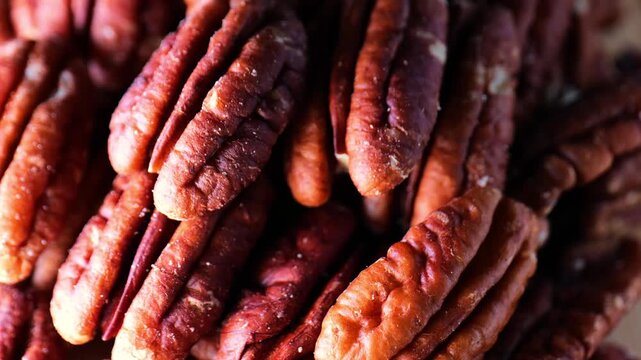 shelled pecans close-up.Healthy fats. Texture of pecan nut . Useful healthy snack.4k footage
