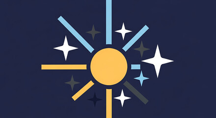 Abstract geometric sunburst with radiating light beams and twinkling stars on a dark background, symbolizing cosmic energy and celebration