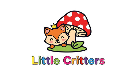Cute cartoon fox wearing a crown sitting under a mushroom on grass with text 'Little Critters' below