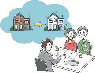 男性スタッフからリフォームに関する説明を受けるシニア夫婦　ベクター
