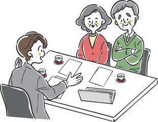 男性スタッフに相談をするシニア夫婦　ベクター
