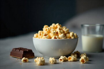 Cozy Midnight Munchies A close up, dimly lit still life of a bedside table. On the table are a bowl of popcorn, a half eaten chocolate bar, a glass of milk, and an open book. A warm, soft lamp casts a