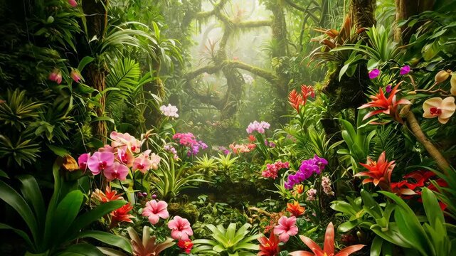 Lush tropical rainforest with vibrant exotic flowers and verdant plants, a natural jungle environment footage