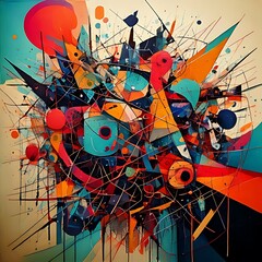 Abstract explosion of shapes and lines in vibrant colors, dynamic artwork for design projects