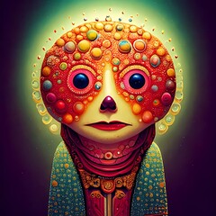 Whimsical, colorful, and surreal character portrait with intricate details and a bright, glowing aura