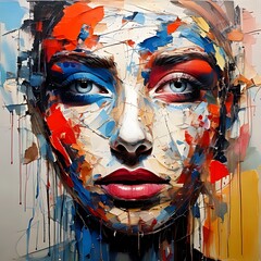 Expressive Abstract Portrait of a Woman with Vivid Brushstrokes and Striking Blue Eyes