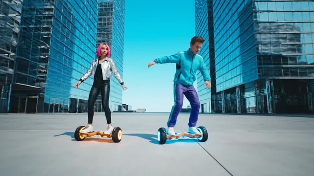 A man and woman hoverboard in a city with skyscrapers, bathed in daylight, using electric devices