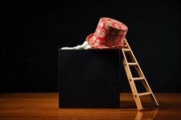 A meticulously arranged collection of mime inspired stage props and accessories. A carefully arranged still life of iconic mime stage props a tiny, antique ladder leaning against a black box, a