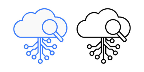 Silent failure detector icon showing a magnifying glass examining a faded cloud node. Ideal for cloud diagnostics, system reliability, and hidden error monitoring concepts.