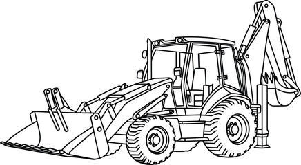Backhoe loader, construction vehicle, heavy equipment, black and white line drawing, technical illustration, excavator, machinery, digger, industrial, engineering sketch © Its Marjia's World