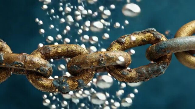 Rusty metal chain underwater with bubbles rising.