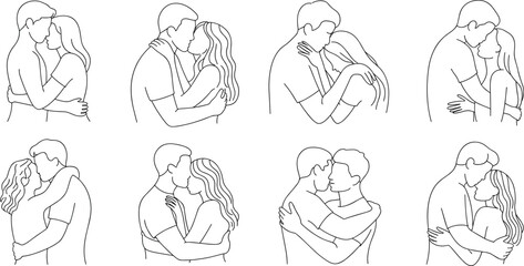 Couples hugging, black and white line drawing, romantic embrace, minimalist sketch, emotional connection, stylized love, intimacy illustration, tender moments