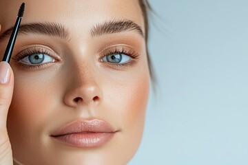 Close-Up Portrait of a Woman Applying Eyebrow Gel for Perfectly Shaped and Defined Brows in a Beauty Tutorial Setting