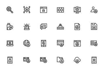 Cyber Security icon set. Vector illustration. Includs symbols for firewall, pasword, encryption, server,fingerprint, cloud, email nd more.