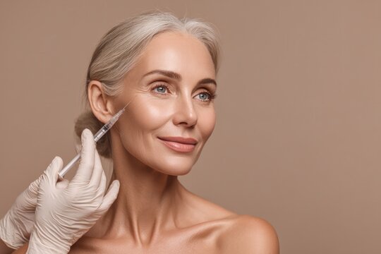 Mature woman receiving cosmetic injection treatment on face, copy space