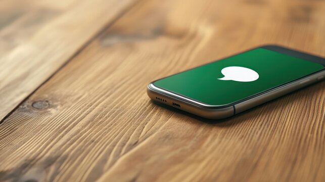 Smartphone screen displaying chat speech bubble on wood, copy space