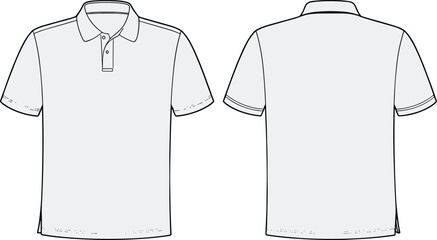 Polo shirt, front and back view, short sleeve, button placket, classic collar, fashion flat, garment sketch, CAD drawing, vector illustration