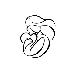 Obraz premium line art of woman hugging a heart, woman and love one, baby, partner, flat design logo black and white