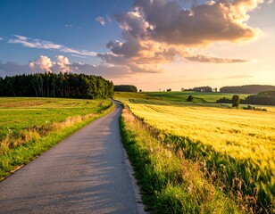 Obraz premium Countryside road through vibrant fields, illuminated by warm sunset glow