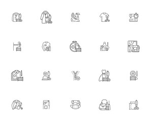 Atelier_2501 icon set. Handmade, repair, shoemaker, ailoring, stitching, embrodery, denim, leather work nd more. Vector illustratin.