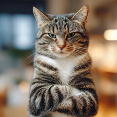 Fototapeta premium A Confident Cat with an Assertive Stance, Displaying Unique Expressions and Adaptable Personality in a Cozy Home Setting